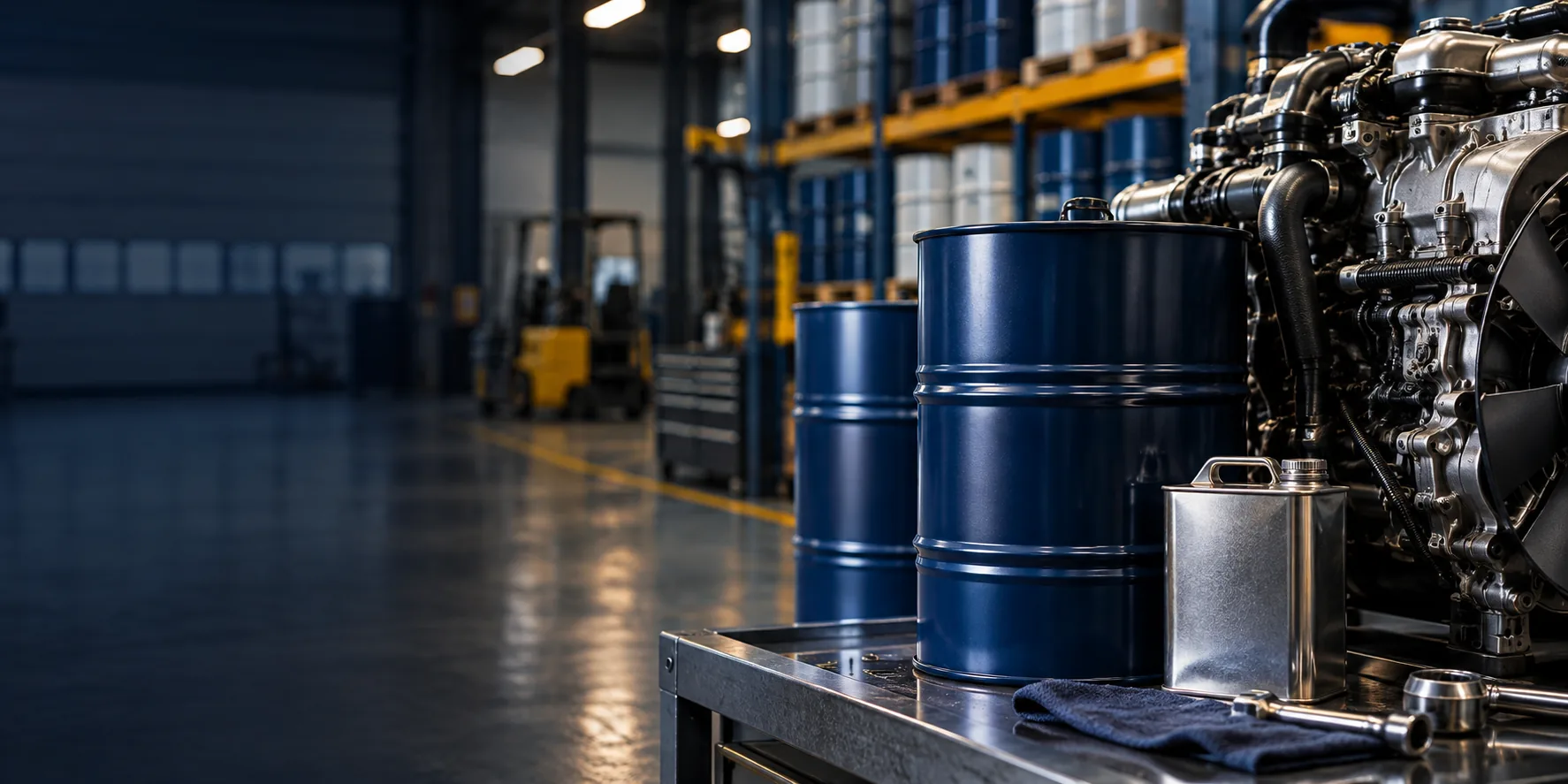 Unbranded lubricant drums beside industrial engine components